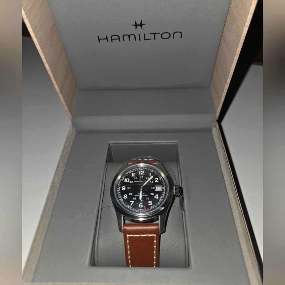 Hamilton Black Dial Watch with Brown Strap